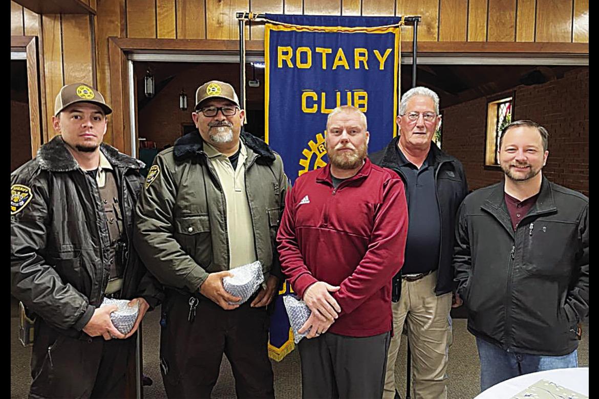 Choctaw County Sheriff Terry Park (fourth from left) spoke to the Hugo Rotary Club last week with a great program about his department, and he brought along some of his Reserve Officers: Tulsa Dodds, Ron Miller and Hugo Schools Superintendent Cory Smith (l-r). Each are pictured with Rotary Club Secretary Colby Bryant (far right).