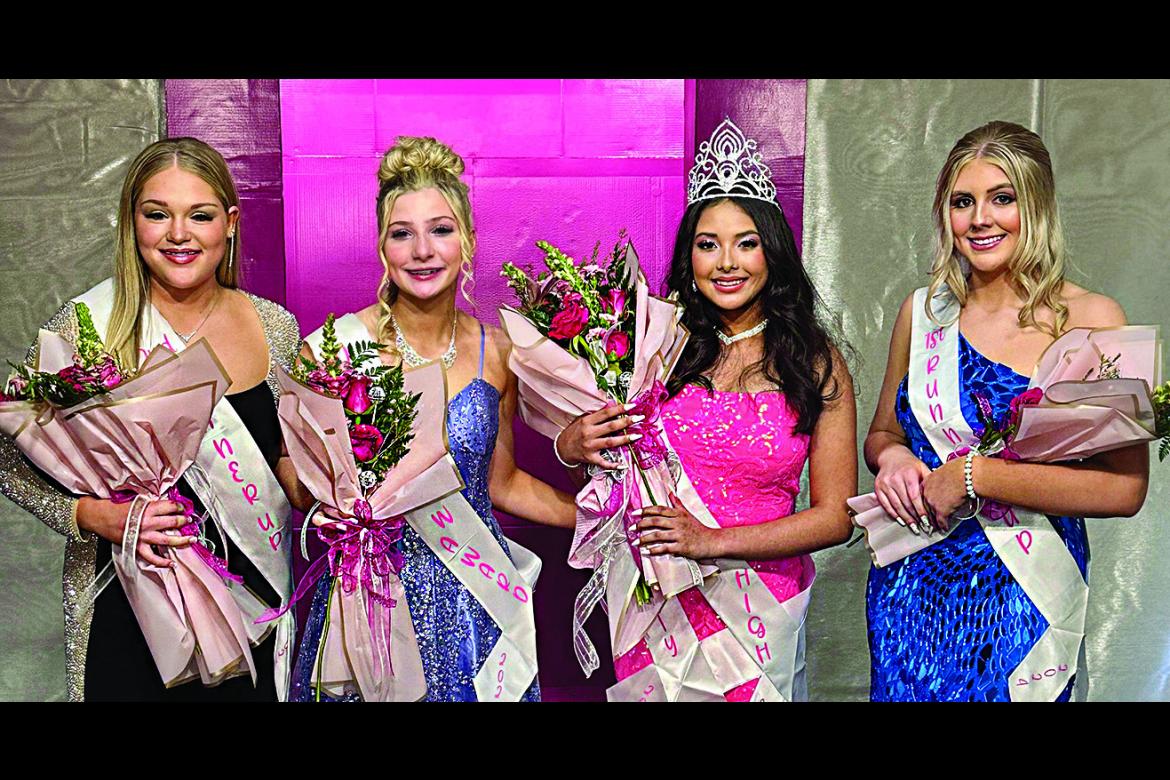 JIMENA AVALOS (second from right) was crowned Miss Boswell High 2024 last week during the school’s annual pageant. She is joned above by First Runner-up Chloe Pardue (far right), Second Runner-up Rilee Ribera (left) and Addy Testerman (second from left).