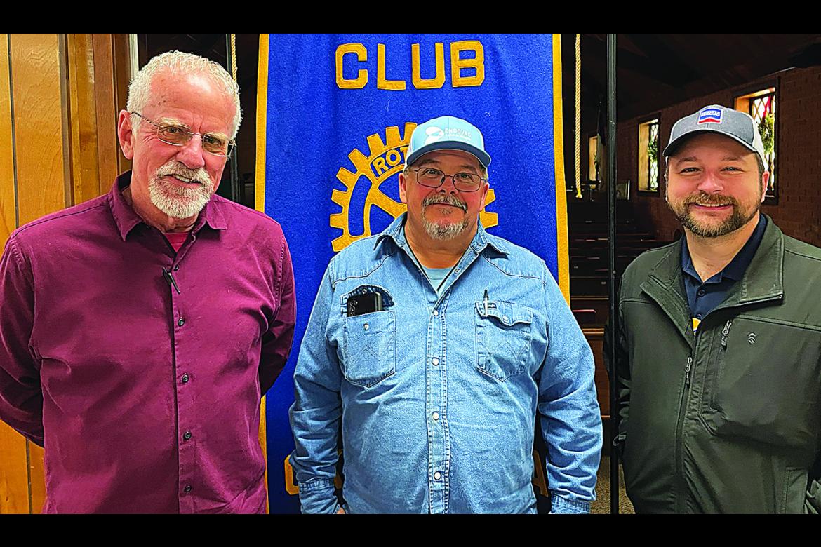 Choct aw County Dist rict 1 Commissioner Jim Bob Sullivan (center) spoke to the Hugo Rotary Club last week about District 1 and his first year in the position. Rotarians appreciate the work he and the other County Commissioners are doing. He is pictured here with Rotarians Brent Shain (left) and Colby Bryant (right).