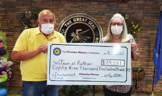 Choctaw Nation Councilmember Jack Austin, Sr. presented Tammy Lawless, Mayor of Rattan, a check for $89,531 which will be used on several projects to enhance the town of Rattan. Photo Courtesy / Choctaw Nation