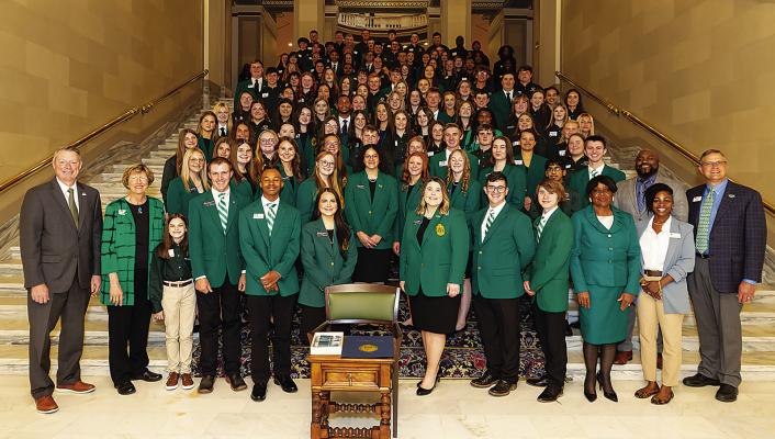 Oklahoma State 4-H members and extension leaders gather at the Oklahoma State Capitol during the 25th annual 4-H Day at the Capitol. Choctaw County 4-H Vice President Lucile Morehouse and Reporter Riley Pope were amongst the youth leaders championing the effort to inform legislators of the vast programs 4-H offers. Photo Courtesy / Mitchell Alcala, OSU Agriculture