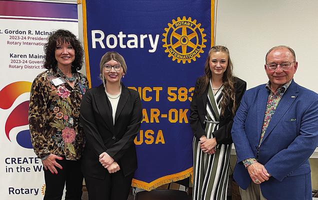 Zayda Penner and Dakota Logan (both Rattan High School students) recently represented the Hugo and Antlers Rotary Clubs in the District 5830 4-Way Test Speech Contest in Mount Pleasant, Texas. Locally, Penner placed first, and Logan placed second in the Club’s Annual Speech Contest. Both did a great job and represented our area well. Pictured (l-r) are Rotary District Governor Karen Maines, Penner, Logan and Stephen Smallwood, Rattan High Speech Coach.