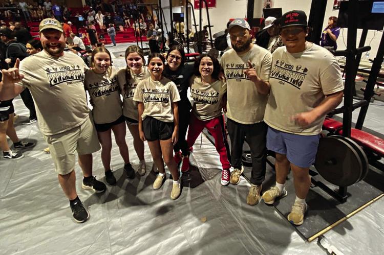 LADY BUFF POWERLIFTING — The Hugo girls powerlifting season came to an end last week at the regional meet. Pictured with Coach Krystopher Gross are: Jodi Emberson, Kendell Hicks, Palin Allred, Coach Kelsie Lopez, Lexi Figueroa, Coach Ralph Allred, Kameron Allred (Former Buffalo State Qualifier).