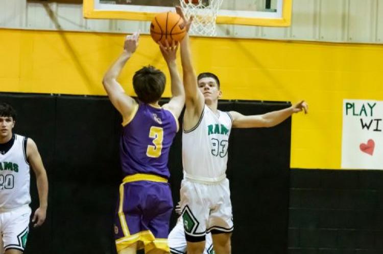 Not today… Rattan’s Cal Birchfield blocked an Eagles’ shot last Tuesday in the Rams 62-57 win.