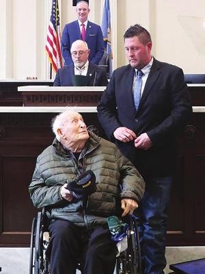 Claude Albert Savage was recognized in the Oklahoma House of Representatives on Monday, Feb. 7, 2022 by House Speaker Charles McCall and Rep. Justin Humphrey. Grandson Zack Savage also is pictured. Contributed Photo