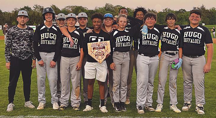 THE HUGO MIDDLE SCHOOL BUFFALOES took home the winning trophy, after defeating Denison 5-4 Saturday in the Atoka Wood Bat Championship. They beat Harmony, 8-0 and Idabel, 4-1 on the way to the Championship. Pictured above (l-r) Coach Tanner Trent, Tyson Lemmons, Tryndon Pigg, Easton Green, Brayden Gunter, Kobe Watkins, Grady Awtry, Clancy Taylor, Gion Balcazar, JB Cochran, Camdyn Thomas, Jace Baker and Draven Cook. Photo Contributed