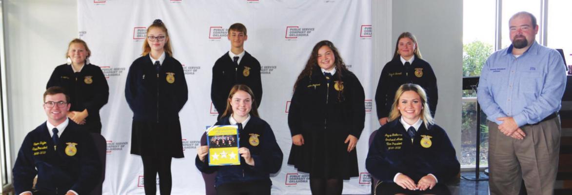 Hugo: Pictured are: Nataley Edwards, president; Chanda Barnett, vice president; Anna Drinkard, secretary; Chad Barnett, treasurer; Mya McClain, reporter; Lillabeth Whitlow, sentinel; Sammy Drinkard, advisor; Jaycie Shelburne, southeast area vice president; Tanner Taylor, state president.