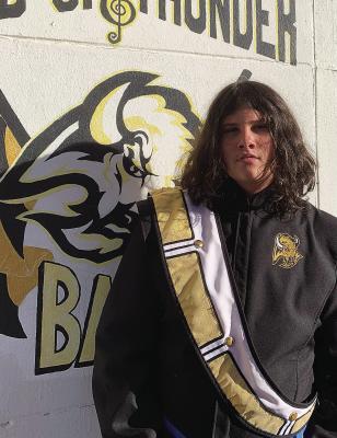 The Hugo Herd of Thunder Band Student of the Week is Talan Russ. He is a freshman at Hugo High School. He has been a member of band for two years. What he likes most about being a member of the Herd of Thunder is getting to go all over Oklahoma and seeing all the colleges. In his spare time, he enjoys basketball, skating and thrifting.
