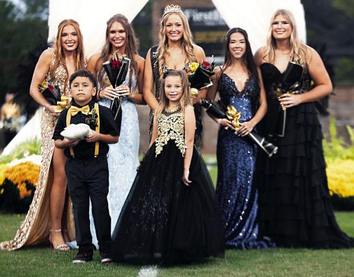 HOMECOMING QUEEN BROOKLYN BROOK and her court, including: Kacie Reymolds, Ja’Miya Johnson, Kayla Freeman and Keara Nelson, with flower girl Lily Marie Frazier and Crown Bearer Miles Wren Allen.