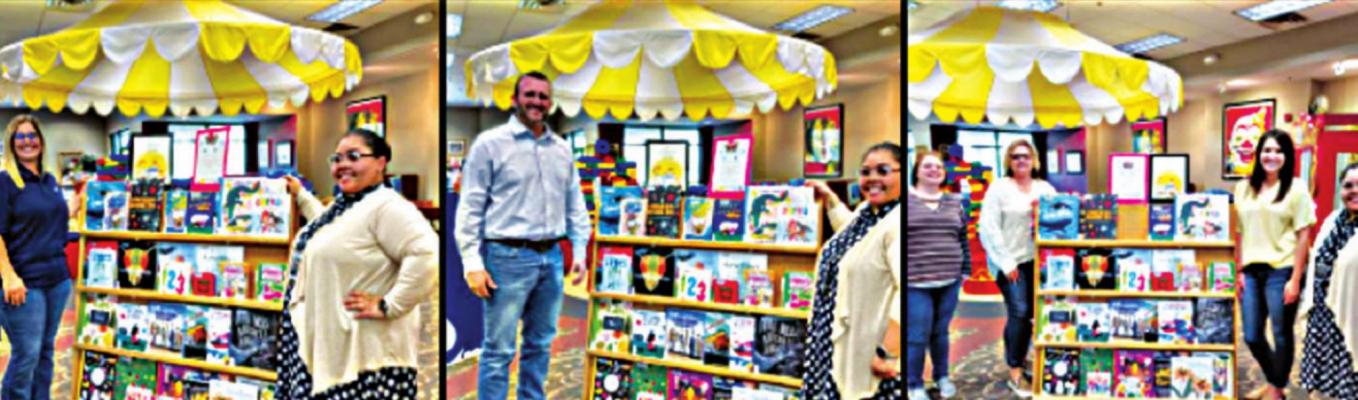 PICTURED: JULIA KING with Shelter Insurance; Kooney Duncan with Choctaw Electric; Jessica Salmon, Dusty Hicks, and Kristen Eppler with Security First National Bank, all with Bessi Black, Library Manager, Choctaw County Public Library.
