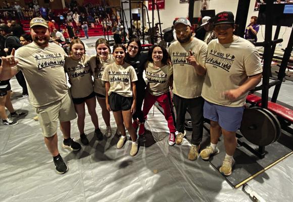 LADY BUFF POWERLIFTING — The Hugo girls powerlifting season came to an end last week at the regional meet. Pictured with Coach Krystopher Gross are: Jodi Emberson, Kendell Hicks, Palin Allred, Coach Kelsie Lopez, Lexi Figueroa, Coach Ralph Allred, Kameron Allred (Former Buffalo State Qualifier).