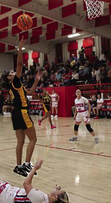 BOSWELL’S RESSA DILL checks up for two points for the Scorpions as Soper’s Kabrey Harless pleads for a charging call. Brian Moore Photo