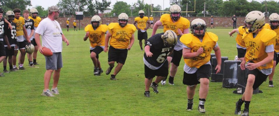 Coach Gross leads Buffaloes through Spring drills.... NEW BUFFALO HEAD COACH Krystopher Gross takes a group of Buffalo defenders through spring drills this week. Despite almost daily rain, the team has a strong number of future Buffaloes (48) involved in spring training and Coach Gross reports a number of very promising players at crucial positions for the 2021 Buffaloes Hugo News Photo / Stan Stamper
