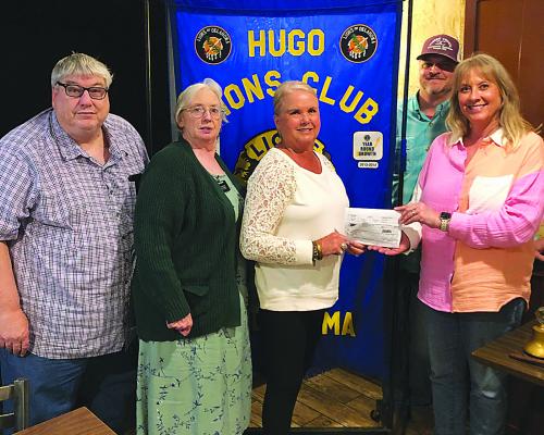Lions club of Hugo received a donation from Public Service Company of Oklahoma for scholarships and eyeglass programs. Pictured are Lions club members Sidney and Peggy Bernard, Lions President Harolynn Wofford, and members Heather and Chris Smith. To become a Lion, contact any member.