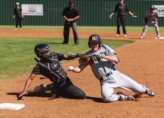 HUGO BUFFALO CATCHER TRYSTUNN FLEEKS showed a lot of hustle as he raced to first base in time to put a tag on a Roff base runner. Unfortunately, the runner knocked the ball from Fleek’s mit, but his hustle was not overlooked on the play. Hugo News Sports / Bobby Hamill