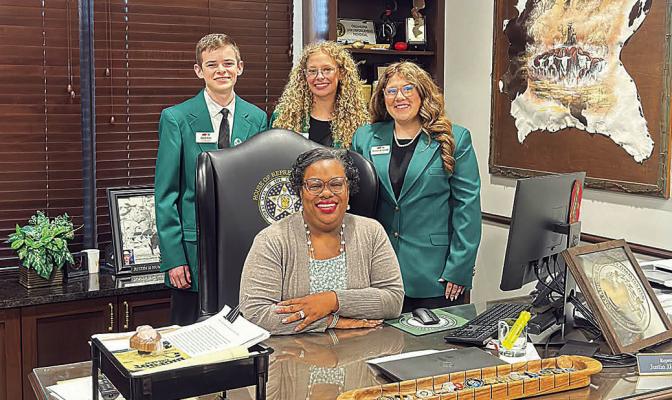 Left: Creed Pope, Elizabeth Potter and Wendeline Napier visit the office of Rep. Justin Humphrey at the State Capitol during 4-H Day. Humphrey’s Legislative Assistant Latoya Alexander also is pictured.