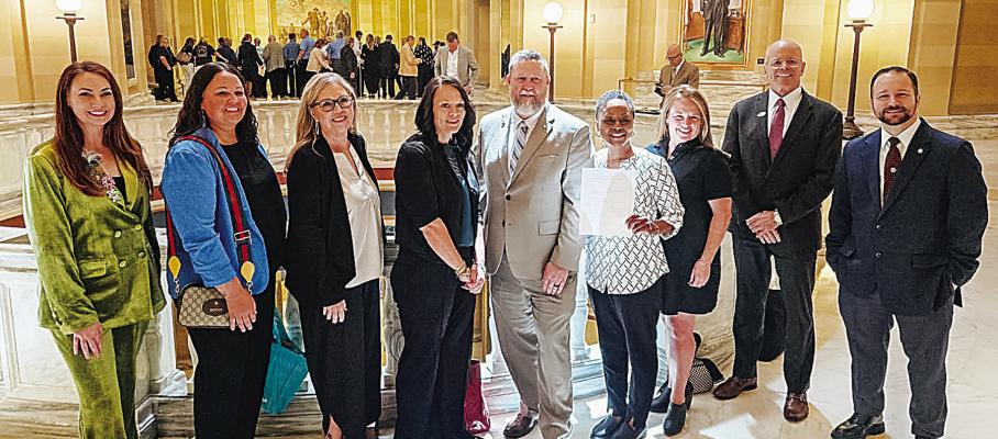 Pictured (left to right): Durant Chamber of Commerce CEO Kara Byrd; Marshall County Chamber of Commerce Exec. Director, Lake Texoma Association Brandy Burkhalter; Exec. Director Kaylynne Johnson and President Summer Bryant; Senator David Bullard; Hugo Area Chamber of Commerce Exec. Director Mehlenie Adamson; Ardmore Chamber of Commerce Senior Vice President of Economic Development Andrea Anderson and President/CEO Bill Murphy; and Hugo Area Chamber of Commerce Member Colby Bryant.