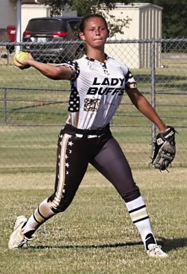TALAZYIA CHADRICK fields a hit to her outfield position and makes the throw to the infield during Monday’s action against Atoka. Hugo News Photo / Kelli Stacy