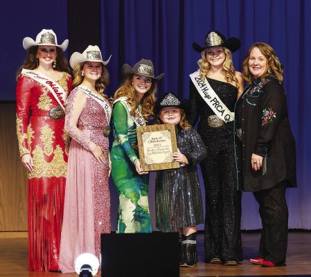 The Hugo PRCA Rodeo Pageant was honored during the 2024 Best of Oklahoma awards, presented by the Oklahoma Rodeo Pageants Council. The Hugo pageant was named one of three “Best Local Pageants.” Pictured are: Miss Rodeo Oklahoma Chesney Grimes; Miss Rodeo Oklahoma Princess Jenna Jenkins; Miss Rodeo Oklahoma Teen Jole’e Jagers; Miss Rodeo Oklahoma Sweetheart and Hugo PRCA Lil Miss Lucy Daniel; Hugo PRCA Queen Averie Mitchell; and Hugo PRCA Rodeo Pageant Director Melissa Drinkard.