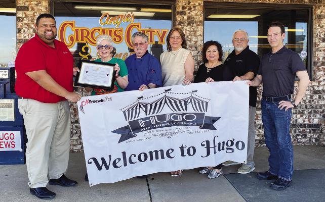 Pictured are: Chamber President Ernest McCarty, Angie’s owners Angie and Randy Cook, Chamber Treasurer Valerie Powell, and Chamber board members Gwen Coffman, Tracy Stonebarger and Chris Cannon.