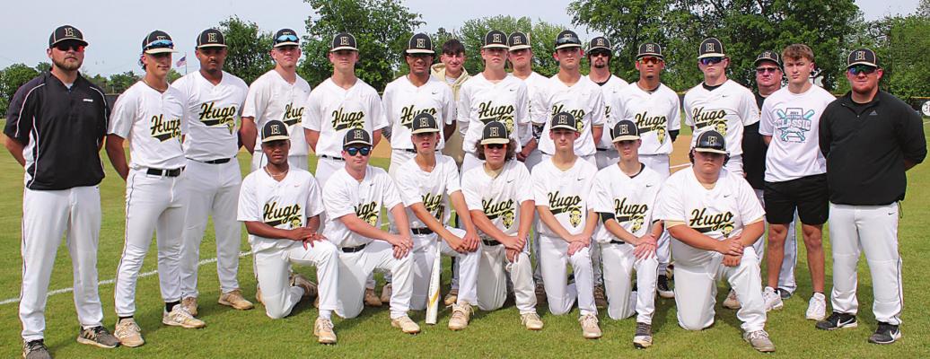 MEMBERS OF THE 2021 HUGO BUFFALO DISTRICT CHAMPION BASEBALL TEAM include: Ashton Barnett, Jordyn Jeffries, Lige White, Aden Parish, Nick Parish, Ethan Childers, Hunter Sims, Landon Lemmons, Camdon Holt, Jake Blankenship, Cameron Bruno, Trystunn Fleeks, Kolby Worthy, Kane Worthy, Anthony Wilson, Brennan McDonald, Chad Barnett, A.J. Thompson and Jordan Creel. Also pictured are Coach Brandon Debo, Assistant Coach Weston Bates, Assistant Coach Brad Greer. (Hugo News Photos / Stan Stamper)