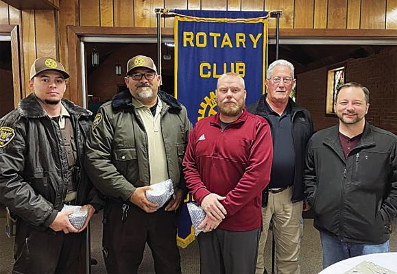 Choctaw County Sheriff Terry Park (fourth from left) spoke to the Hugo Rotary Club last week with a great program about his department, and he brought along some of his Reserve Officers: Tulsa Dodds, Ron Miller and Hugo Schools Superintendent Cory Smith (l-r). Each are pictured with Rotary Club Secretary Colby Bryant (far right).