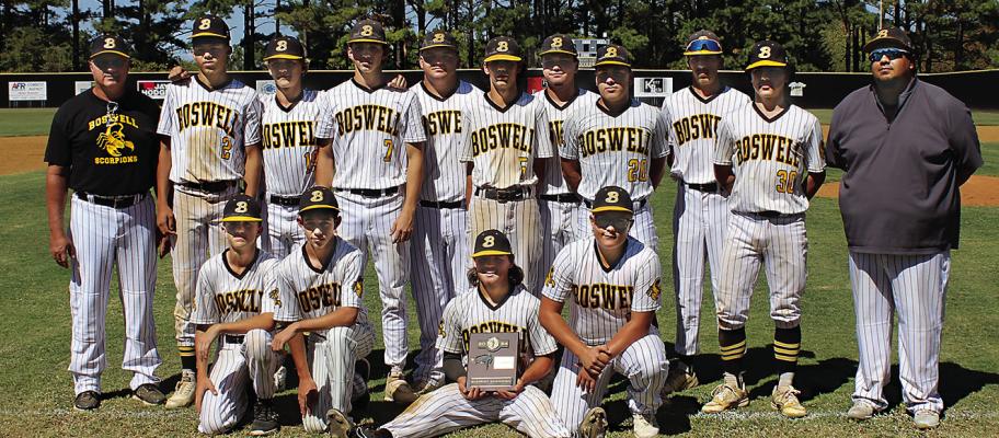 DISTRICT CHAMPIONS! Members of the 2024 District Champion Boswell Scorpion baseball team include: (front, l-r) Brenton Barnett, Chaylen Wood, Tabor Ribera, T.J. Reynolds. (Back, l-r) Coach Keith Edge, Tarrin Brown, Robert Watson, Colson Edge, Kelton Weil, Daxter Thomas, Kyler Chesser, J. W. Dill, Cameron Head, Michael Salcedo, and Coach Christian Walsdorf. Hugo News Photo / Brian Moore