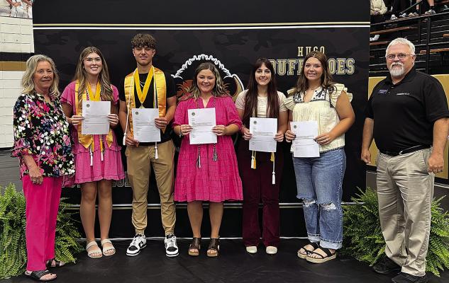 The Hugo Lions Club would like to congratulate the scholarship recipients. Pictured are (l to r): Susan Brewer, Lions President, Allie Tollett, Kolby Worthy, Kendell Hicks, Jaina Frost, Alley Ivey and Tracy Stonebarger. Not pictured is Zion Siniga.