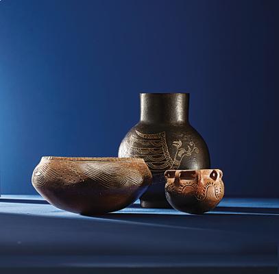 A trio of clay bowls etched with traditional designs show the beauty of Choctaw artistry in everyday utensils. These and more artifacts from the 1700s will be displayed in the exhibit “Okhvta Chito Okhoatali: Choctaw and French Transatlantic Legacies” at the Choctaw Cultural Center. Photo provided by Musée du Quai Branly-Jacques Chirac