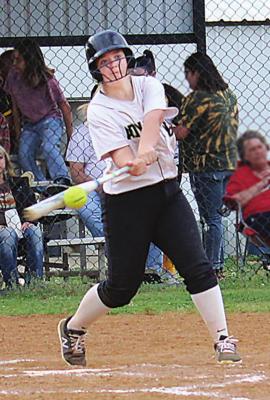 ALLEY IVEY steps into a pitch for the Hugo Lady Buffaloes during recent softball action in Boswell. Hugo defeated Boswell, 8-6, but lost to Soper’s Lady Red Bears, 13-3. (Brian Moore Photo)