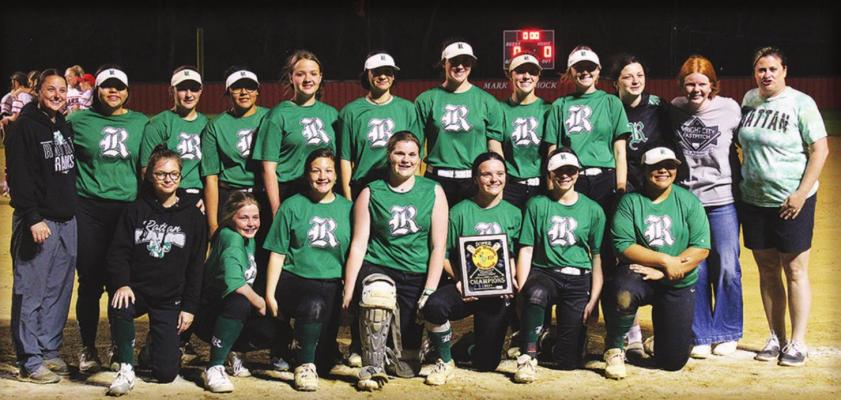 THE RATTAN LADY RAMS claimed the Soper Paige Manion Memorial Tournament Championship over the weekend after a victory over the Bennington Lady Bears. Pictured above are members of the team with Coach Alex Tucker: Keeley Johnson, Jaylie Williams, Terijo Taylor, Chloe James, Lexi Barnett, Cailin Jamison, Courtney Reese, Tynli McCarty, Delanie Ross, Addy Clay, Jaylei Gordon, Zoey Ray, Madison Buchanan, Alisha Johnson and Abbie Jacobs. (Photo by Brian Moore.)