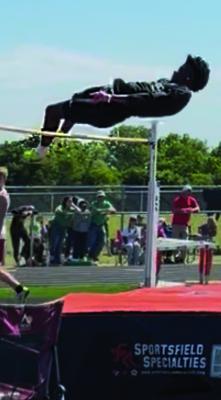 STATE BOUND! Hugo’s Mahki Edwards has qualified to compete in the Oklahoma State 3A Track Tournament to be held May 8-9 in Catoosa. According to Coach Mark Rosa, Edwards cleared a 6’2” jump Saturday during the 3A Regional meet at Alex High School. Photo Courtesy Mark Rosa