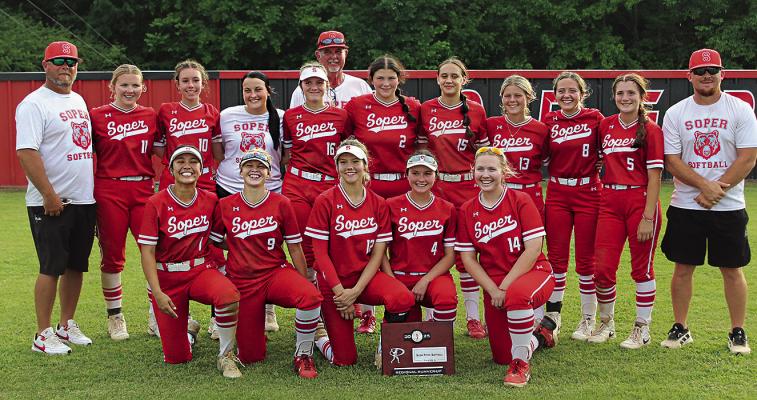 SOPER LADY RED BEARS — CLASS A ACADEMIC ALL STATE CHAMPIONS and Runner-Up Regional Slow Pitch Softball Champions for 2025! Members include: (front, l-r) Alexia Rouse, Makayla Carriger, ShyAnne Wolfe, Morgan Harless, Kirsten Harless. (Back, l-r) Coach Clay Mack, Kabrey Harless, Aubrey Harless, Marley Barnett, Kinlee Carriger, Coach Mark Hammock, Kobi Rice, Alexis Hill, Kaylea Potter, Emalyn Searles, Hadley Campbell, and Coach Brandon Debo.