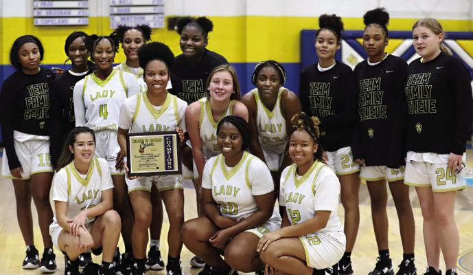ANTLERS BLUE &amp; GOLD TOURNAMENT CHAMPIONS! — Hugo Lady Buffaloes win Antlers Tournament. Members of the Championship team include: White uniforms: (l-r) Kayla Freeman, Zion Bills, Ashia Jordan, Don’Nai Akins, Kelicia Shelton, Calista Kelley, Ke’Shawna Scroggins, Riya Starlin. Black uniforms (left to right): Alivia Holiday, Kayla Minter, A’Nyiah Brown, Tanea Johnston, Demiya Akins, Keighanna Kelley. Hugo News Photo by Kelli Stacy