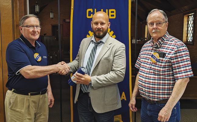 Joseph Silk (center), Field Representative for Congressman Josh Brecheen (Oklahoma, 2nd District), spoke to the Hugo Rotary Club recently, specifically about the border and the budget, two very important items to Congressman Brecheen. He is pictured here (l-r) with Club President Alan Cowley and Rotarian Jerry Beach.