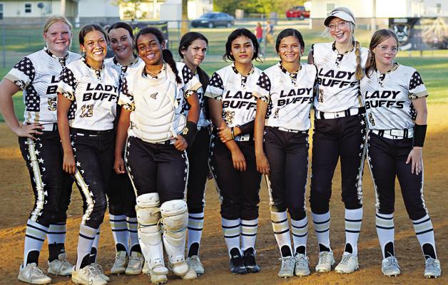 HUGO’s LADY BUFFS include: (l-r) Brantley Hillborn, Kinsey Johnson, Marley Barnett, Allison Johnson, Scarlett Thomas, Jennifer Chavez, Jayda Kain, Liv Ketchum, and Allie Desallier. Brian Moore Photo