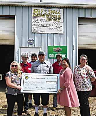 From left to right: Gina Hamilton, Choctaw Nation Senior Business Advisor; Brandon Self, Owner of Self’s Small Engine Repair; Chad Bailey, Jason Clark, and James Marco; employees of Self’s Small Engine Repair; Lena Kopp, Hugo Chamber of Commerce and Courtney Wesley, Choctaw Nation Small Business Advisor. Photo Courtesy / Choctaw Nation