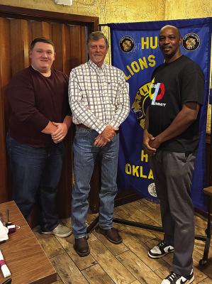 The guest speaker at the Hugo Lions Club meeting recently was Mike Brittingham, candidate for State Representative District 19. Pictured are Lions Royce Chandler and Chris Scott.