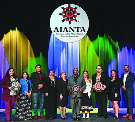 right: Among major award winners at the American Indian Alaska Native Tourism Association’s 2024 Excellence in Tourism Awards is the Choctaw Cultural Center, represented by Dr. Scott Wesley and Cheyhoma Dugger, third and second from the right, respectively.