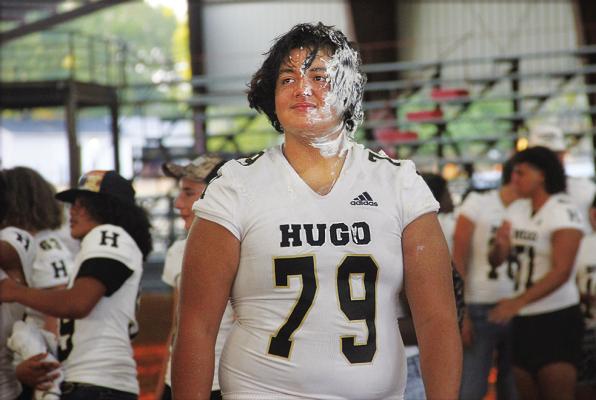 HUGO BUFFALO FRESHMAN Milo Ribiero, carries the mark of being an official recipient of a pie in the face during the team’s 2022 Pie Throwing fundraiser Friday. Each year fans and family members join team members and coaches to pick someone to be their pie-in-the-face target... and they pay for the opportunity! Hugo News Photo / Kelli Stacy