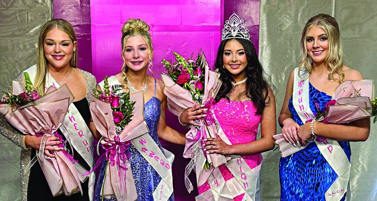 JIMENA AVALOS (second from right) was crowned Miss Boswell High 2024 last week during the school’s annual pageant. She is joned above by First Runner-up Chloe Pardue (far right), Second Runner-up Rilee Ribera (left) and Addy Testerman (second from left).