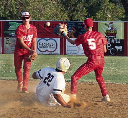 SOPER SHORTSTOP MASON MOORE scoops up a ground ball and throws to teammate Wylie Marsh at second base. Coach Springfield beamed after the come-from-behind Soper victory, bragging on his younger players who stepped up big for the win. Brian Moore Photo