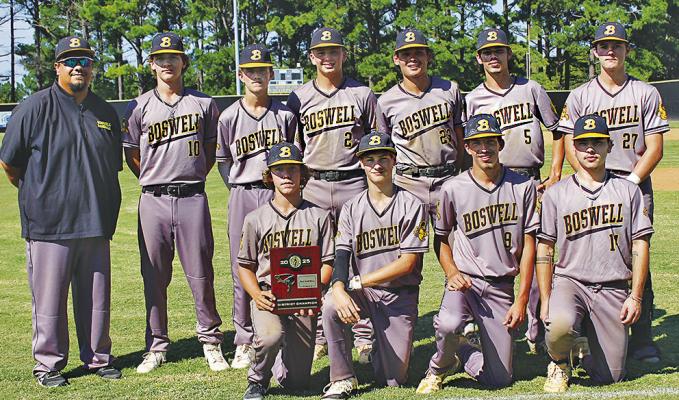 BOSWELL SCORPIONS for 2025 are: (front, l-r) Rick Marshall, Payton Shelton, Cameron Head and Michael Salcido. (Standing, l-r) Coach Christian Walsdorf, Robert Watson, Brinson Barrett, Kris Pierce, Daxter Thomas and Brendan Roark. Brian Moore Photo