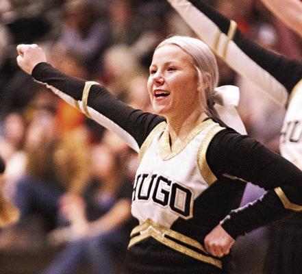 SHA’MYA COOPER passes the ball to one of her Lady Buff teammates at Valliant Friday. Below, Buffalo Cheerleader Gracie Armstrong keeps Buff fans fired up! Kelli Stacy Photos