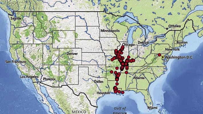 The red dots on the map show where invasive black carp have been documented since 1994. Photo Courtesy / USGS
