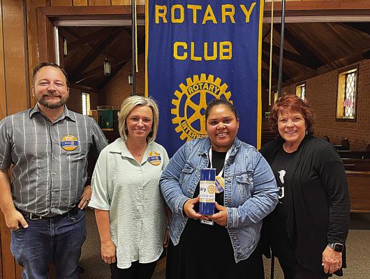 The newest Rotarian of the Hugo Rotary Club, Bessi Black of the Choctaw County Library, gave her Classification Talk last week. We are thrilled to have her as a member in our club! Pictured (l-r) are Rotarians Colby Bryant, Amy White, Bessi Black and Jay Hinds.