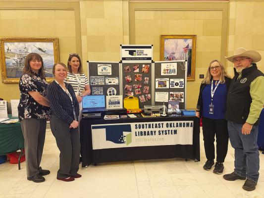 Pictured: Shannon Grice, Sunshine Blassingame, Lacey Sudderth and Amanda Zaccaro stand with Rep. Justin Humphrey during Library Day at the State Capitol.