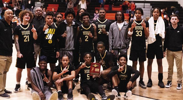 District Champions for 2025 are the Hugo Buffaloes! — Members of the team include: Juwan Johnson, Mahki Edwards, Weston Dunn, Lorenzo King, Quincy Shelton, Cameron King, Kadyn Jones, Jakabrian Tarver, Daemarius Freeman, Malakhi Edwards and Kamden Bostic. Also pictured are Head Coach Darnell Shanklin and assistant Coaches Dante Shanklin, Donald Dangerfield and Tanner Trent. Hugo News Photo / Kelli Stacy