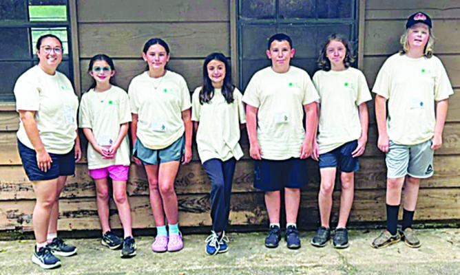 Choctaw County 4-H at Summer Camp: Left to Right: Brooke Hall 4-H Educator, Alyssa Jones, Dina McClanahan, Kimber Logan, Denton McClanahan, AJ Brents, Tristan Babb.