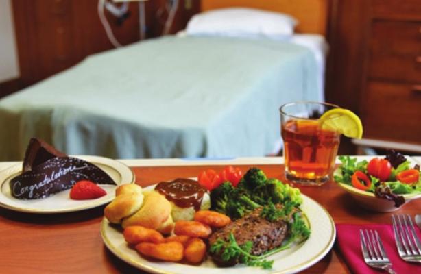 A gourmet meal of steak, shrimp, salad, vegetables, and chocolate cake awaits new mothers who give birth at Choctaw’s Talihina Hospital. Photo Courtesy / Kendra Sikes